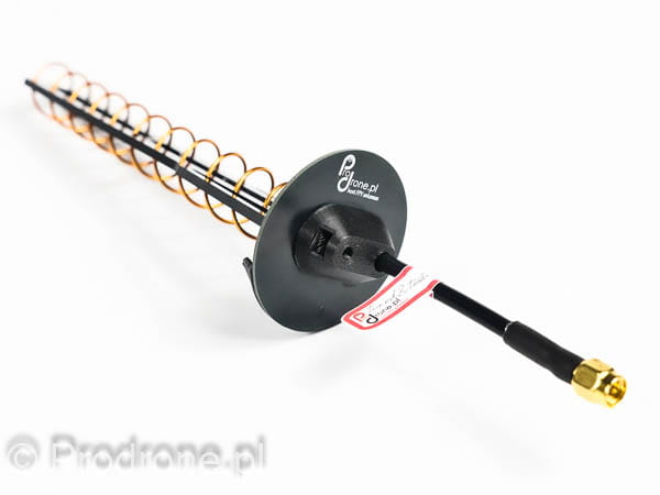 Antena helikalna PRO 12 zwojów 5.8 GHz 14 dBi v2 – widok od tyłu, reflektor z etykietą